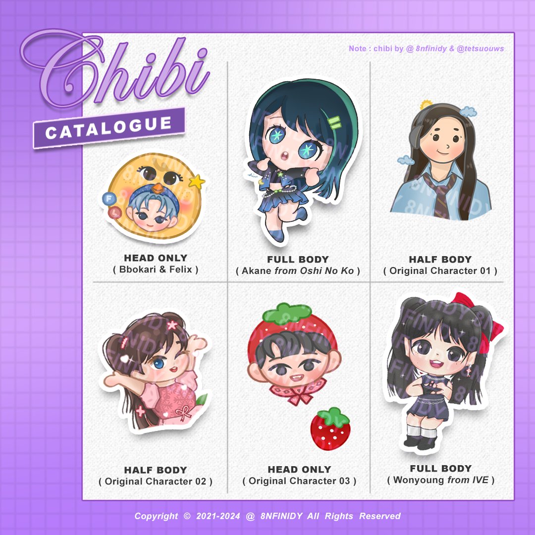 🗂️ Open Commission for Chibi Character

☆ ℂ𝕙𝕚𝕓𝕚 ℂ𝕠𝕞𝕞𝕚𝕤𝕚𝕠𝕟 :
Head Only - Half Body - Full Body
୭    Description / price is in the picture &amp; check  instagram.com/8nfinidy?igsh=… !! 

# : Kpop chibi / Comms / Komisi Chibi