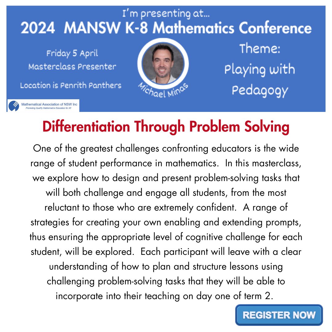 MathsNSW's tweet image. Exciting News! 🌟 Join Michael Minas for a Masterclass on &apos;Differentiation Through Problem Solving.&apos; 🧠✨ Spread the word &amp;amp; Register now! 🌐🔗mansw.nsw.edu.au/events/event/2… #mansw #mathsconference