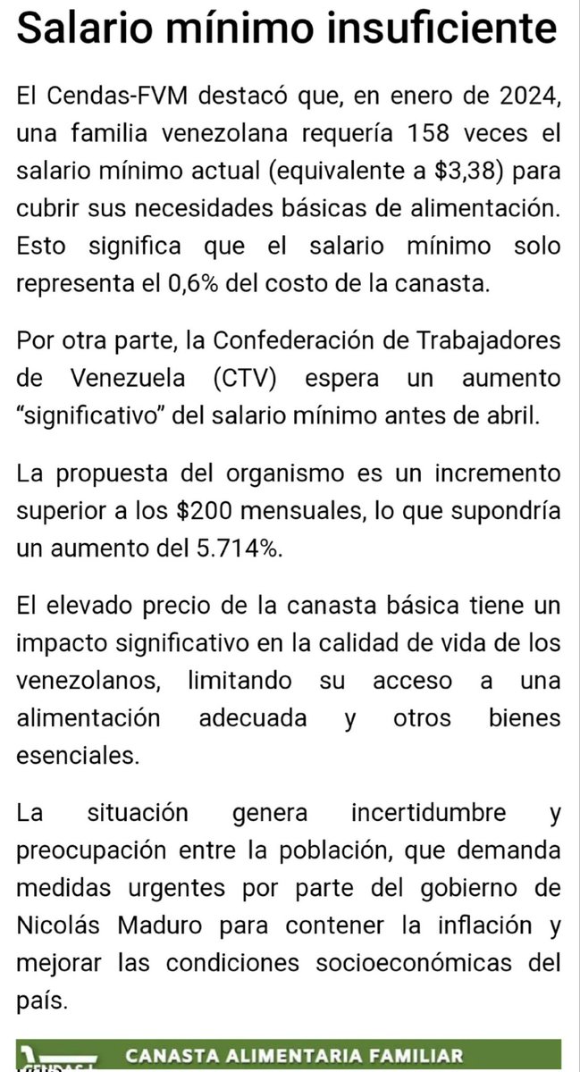 WalterDossier's tweet photo. VENEZUELA
CANASTA BÁSICA: 535$
SALARIO MÍNIMO: 3,8$
EL SALARIO MÍNIMO SÓLO REPRESENTA EL 0,6% DEL COSTO DE LA CANASTA
"EN ENERO 2024 UNA FAMILIA VENEZOLANA REQUERÍA 158 VECES EL SALARIO MÍNIMO ACTUAL: 3,8 DÓLARES, PARA CUBRIR SUS NECESIDADES BÁSICAS DE ALIMENTACIÓN https://t.co/rfX4oorboL