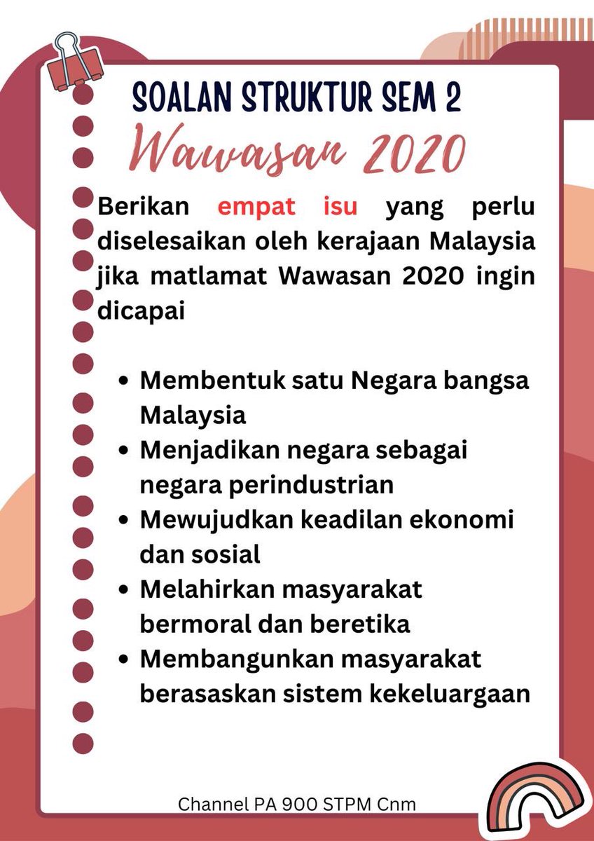 cikgunikmie's tweet image. Pengajian Am STPM Semester 2
Contoh Soalan Struktur Topik Wawasan 2020 dan Cadangan Jawapan
#STPM #PengajianAm #Sem2