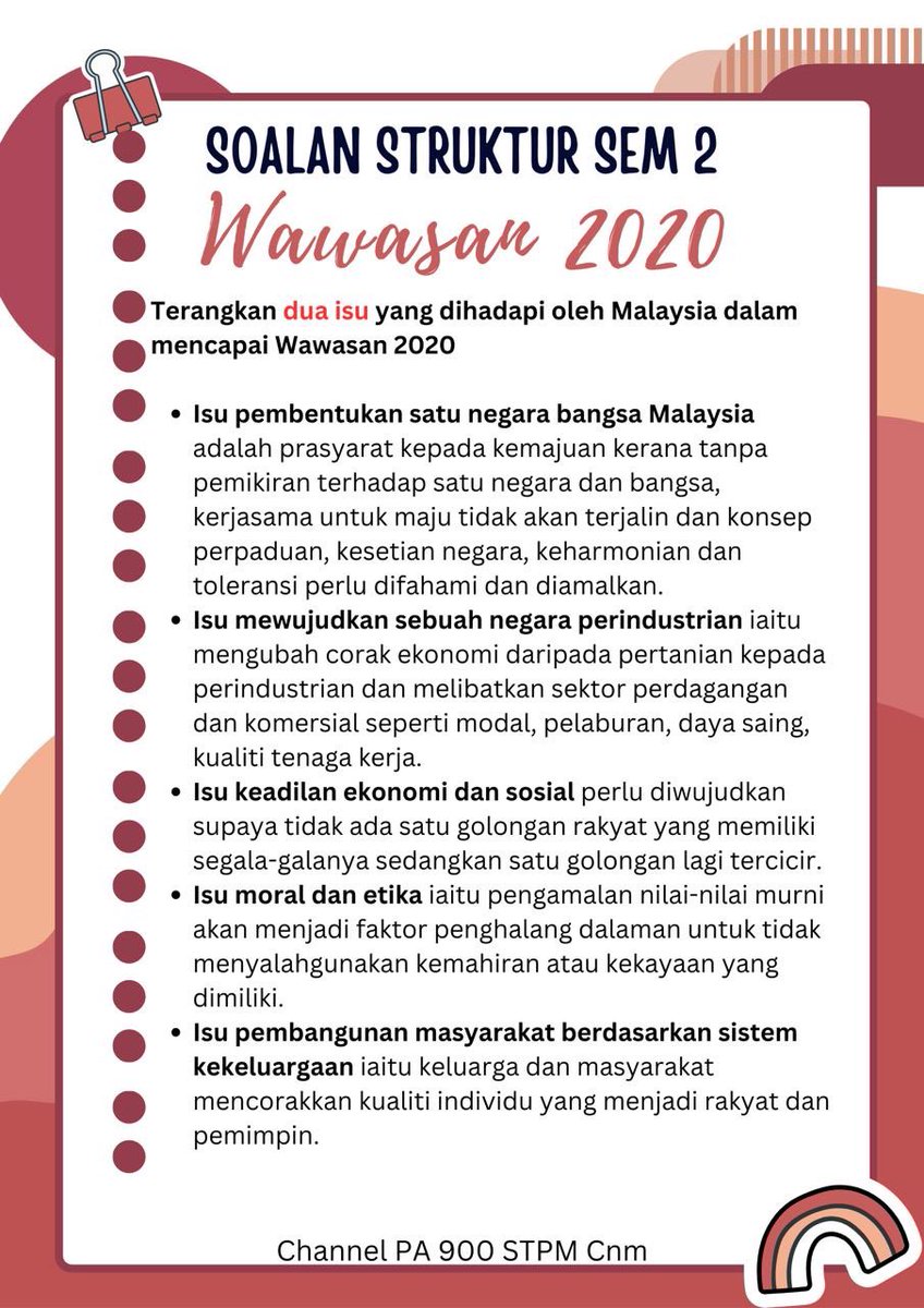 cikgunikmie's tweet image. Pengajian Am STPM Semester 2
Contoh Soalan Struktur Topik Wawasan 2020 dan Cadangan Jawapan
#STPM #PengajianAm #Sem2