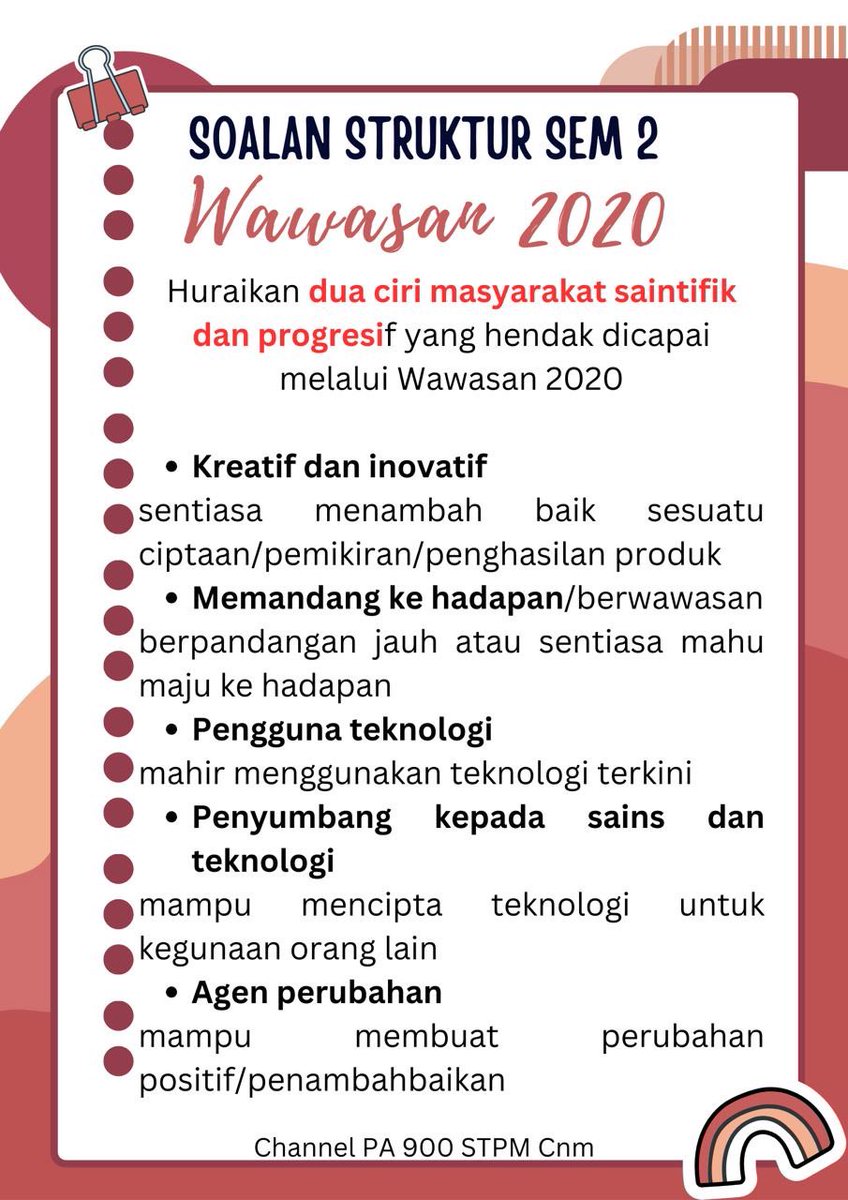 cikgunikmie's tweet image. Pengajian Am STPM Semester 2
Contoh Soalan Struktur Topik Wawasan 2020 dan Cadangan Jawapan
#STPM #PengajianAm #Sem2