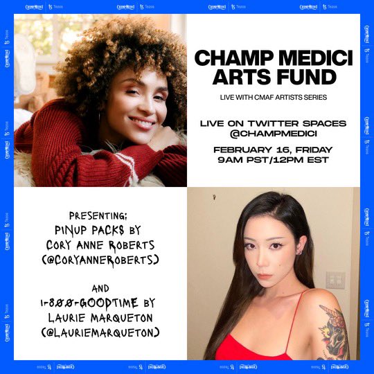 Attention @CoryAnneRoberts and @LaurieMarqueton have just launched their NFT Collections in partnership with the #champmediciartsfund Live Twitter space tmrw where they’ll share more about their collections, and their perspectives as artists exploring the @tezos Blockchain