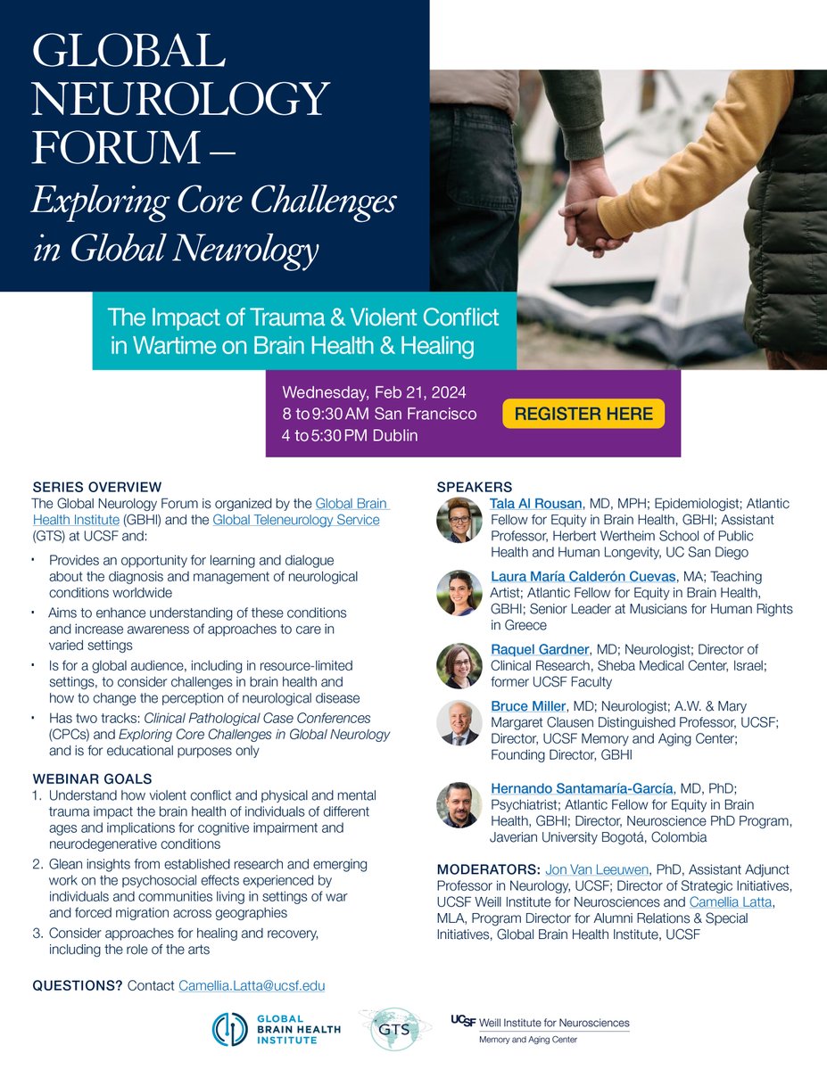 A special webinar coming up Feb 21 hosted by @GBHI_Fellows & @UCSF Department of Neurology Global Teleneurology Services: Impact of Trauma & Violent Conflict in War Time on Brain Health & Healing, Details and registration: calendar.ucsf.edu/event/global_n…