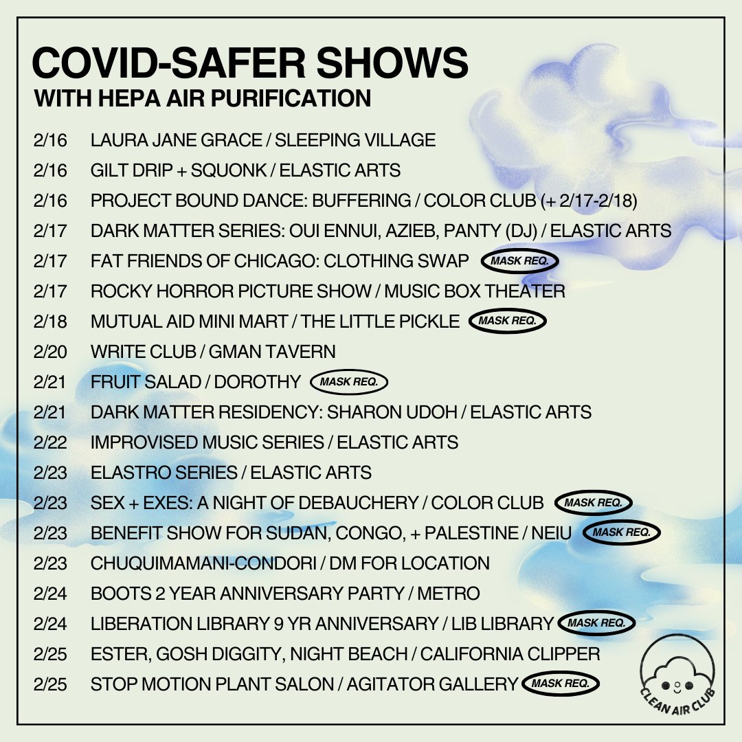 Clean_Air_Club_'s tweet photo. Cóvid-safer events in Chicago this week and next! 

All of them will have at least one of our air purifiers. Some will also require masks!!

Cóvid safety is easy when we do it together 🩵🩵🩵 https://t.co/cSVLvBf65j
