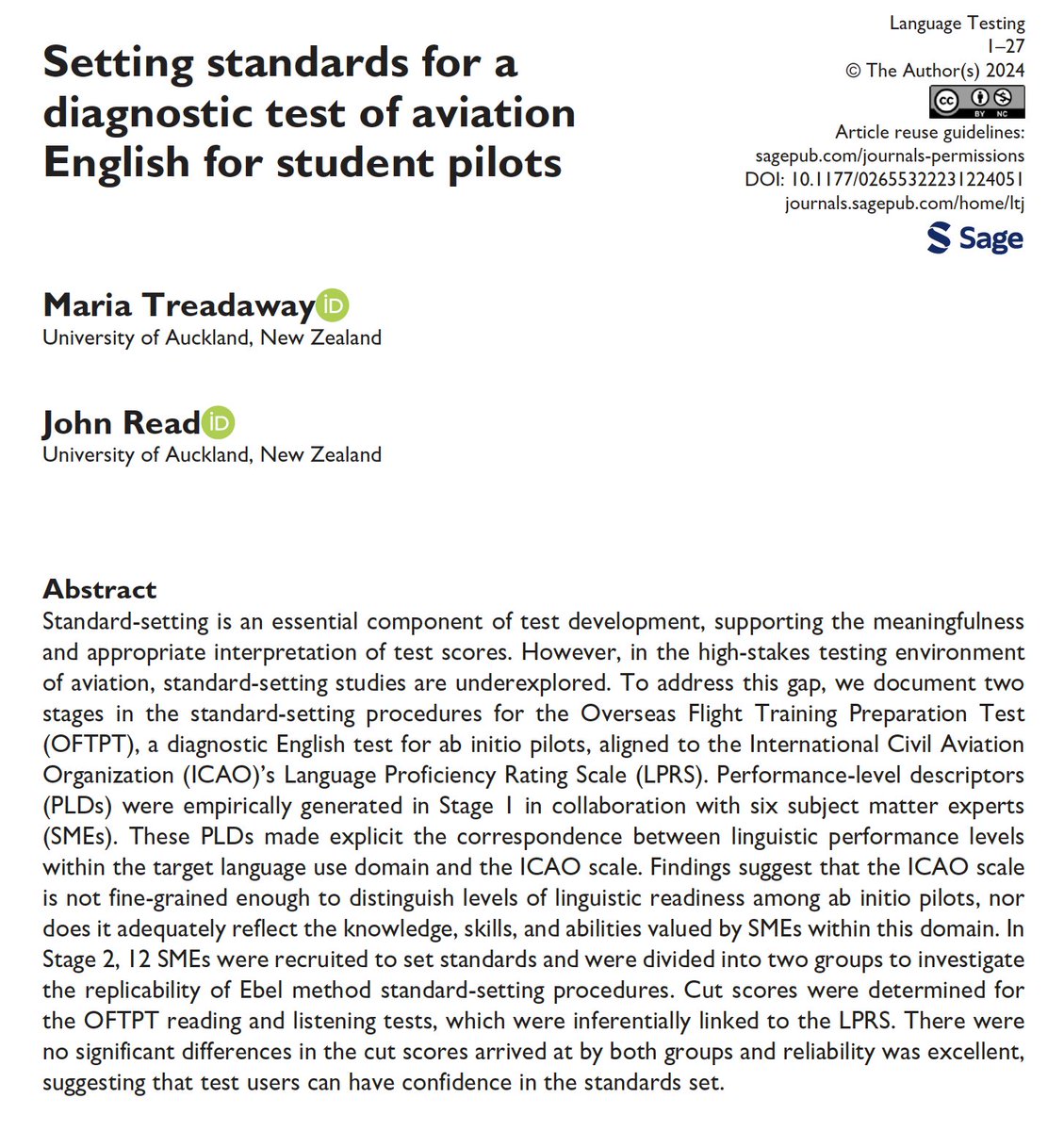 Now available in Online First, Maria Treadaway and John Read (@AucklandUni) present standard-setting procedures for the Overseas Flight Training Preparation Test (Treadaway, 2021), a diagnostic English proficiency test for ab initio cadet pilots. journals.sagepub.com/doi/10.1177/02…