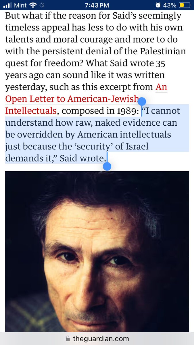 EliMeye's tweet photo. Edward Said’s words from 35 years ago sound like they were written today: “I cannot understand how raw, naked evidence can be overridden by American intellectuals just because the ‘security’ of Israel demands it.”

https://t.co/MpPgryQBee https://t.co/HSSuFgDGYY