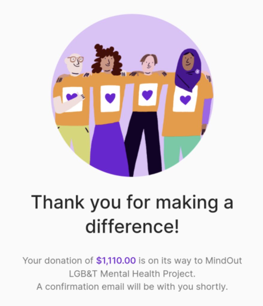 Happy belated Valentines Day! We would like to share the love by announcing that we have donated $1,110 USD to MindOut. 

Thank you all for supporting us 💚