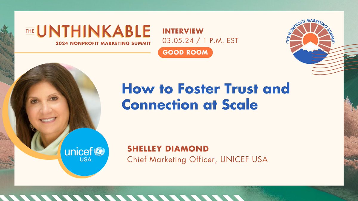 Giving is personal. Marketers, let's foster connections at scale! March 5, join Shelley Diamond, CMO at @UNICEFUSA, as we discuss redefining brand identity and strategies for relevance at the Nonprofit Marketing Summit in the Good Room. FREE Ticket: bit.ly/3vn9iyk 🎟️