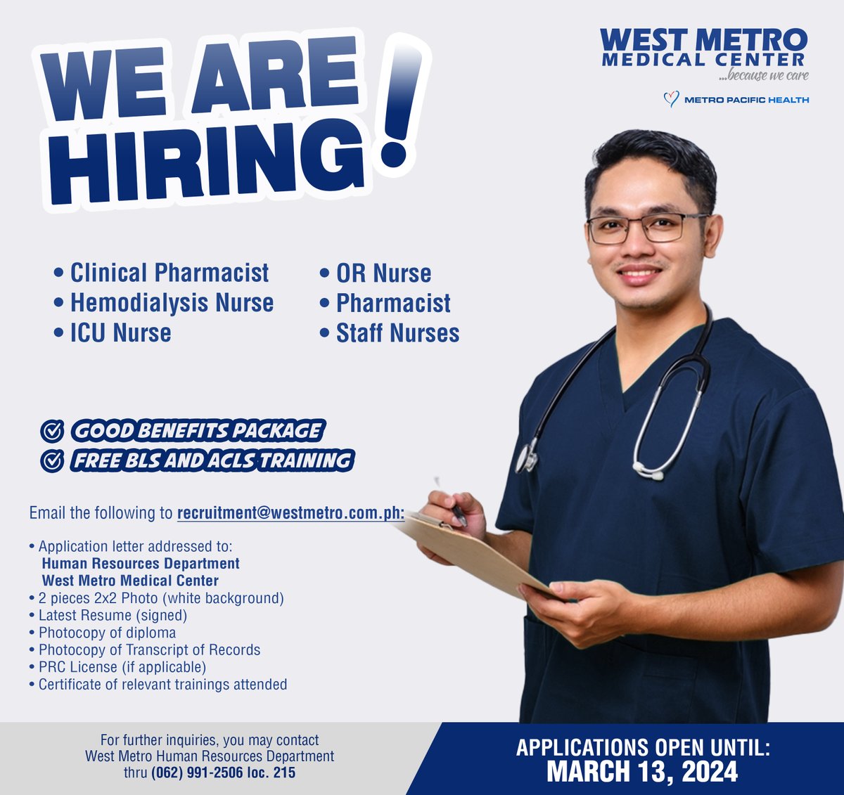 WestMetro15's tweet photo. WE ARE HIRING!
Start your career with us! Applications are open until March 13, 2024.

For interested applicants, please send your CV to recruitment@westmetro.com.ph or visit us at the 2nd floor of the West Metro HR Department.

For more information, please contact 991 2506. https://t.co/WKBik5WqQb
