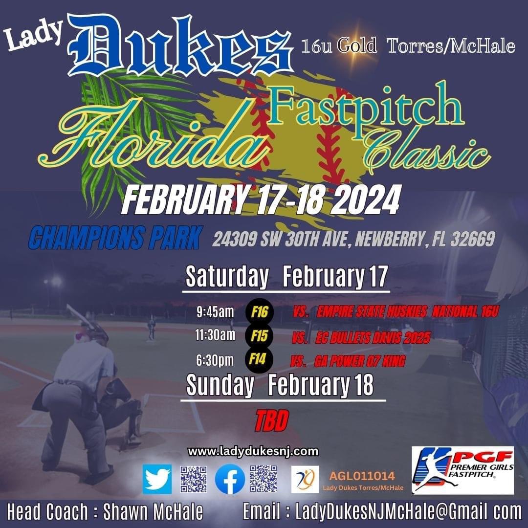 Off ✈️ to Florida 🌴 this weekend for the PFG Florida Fastpitch Classic @PGFnetwork tournament. Stop by and watch us play!🥎 @LadyDukesMchale @ExtraInningSB @LegacyLegendsS1 @AcesSangillo @PVSbaseball @D1Softball