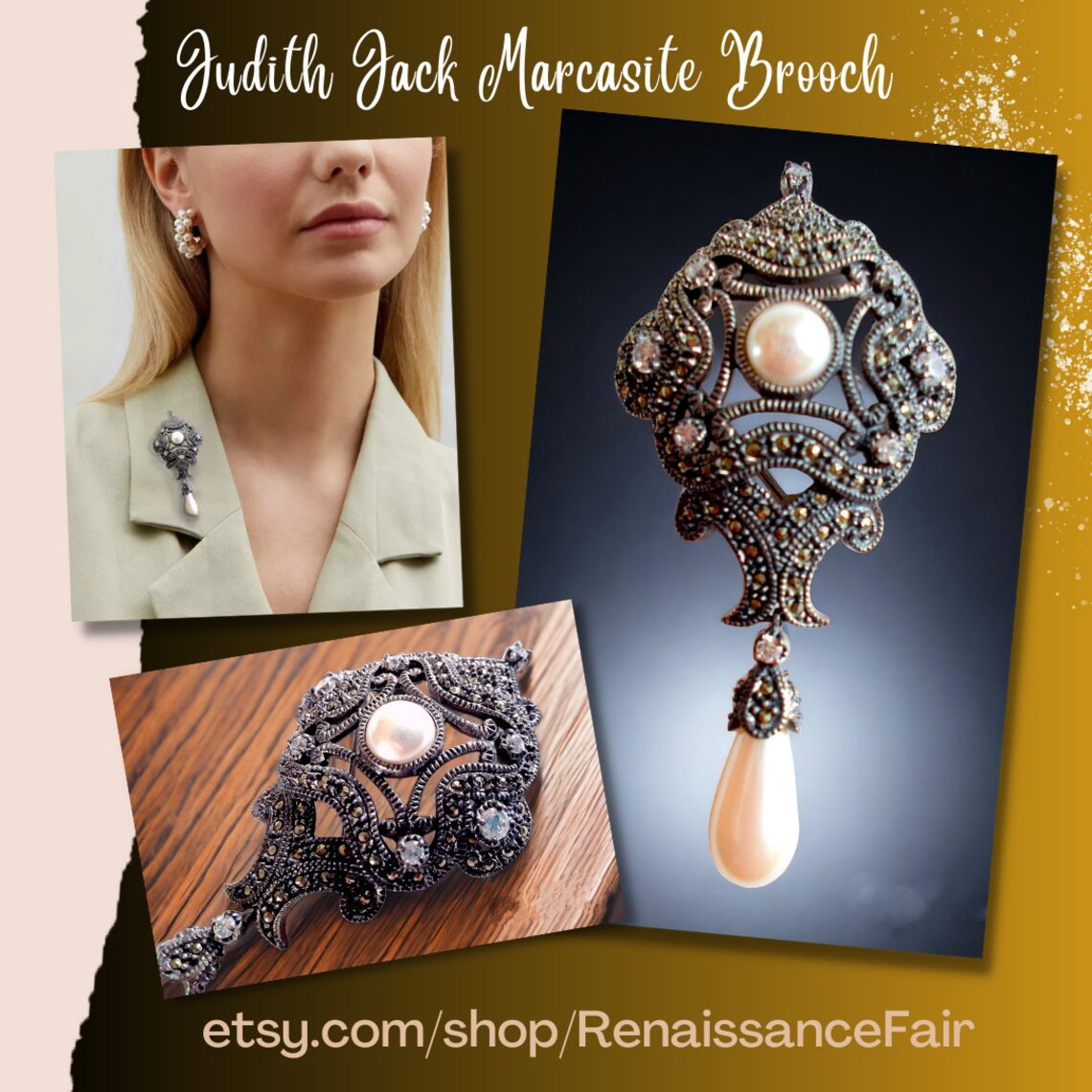 #brooch #sterlingSilver #vintage #JudithJack #designer #signed #marcasites #crystals #Victorian #VictorianRevival #dangle #Fauxpearls #teardrop