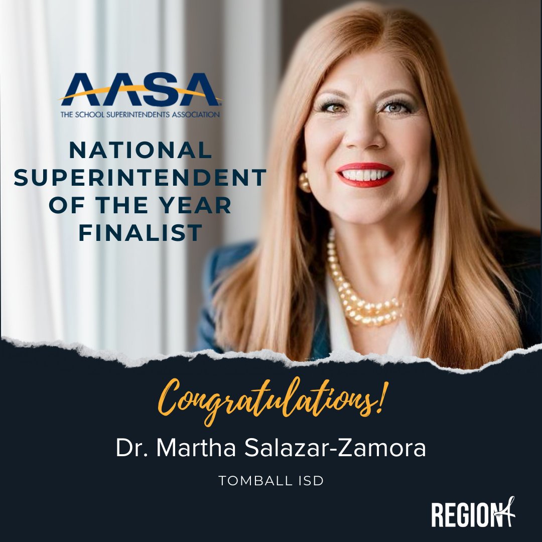 Region4ESC's tweet photo. Congratulations to @TomballISD Superintendent Dr. Martha Salazar-Zamora on being named a finalist for @AASAHQ National Superintendent of the Year!

We are #R4Proud to serve you as District Advancement Champions! https://t.co/d6g9zIXvdv