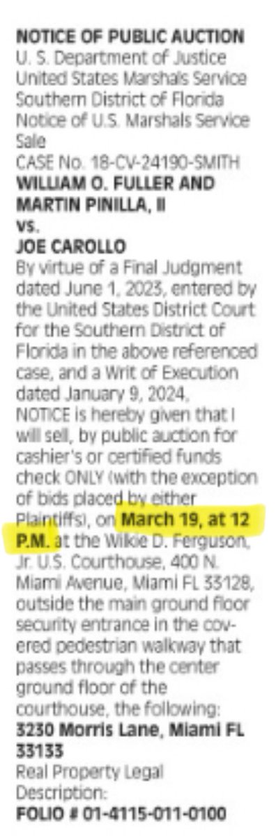 CBoomerVazquez's tweet photo. US Marshals publish notice of March public auction of Joe Carollo’s Coconut Grove home. Miami Commissioner files a related emergency motion. Plaintiffs’ attorney argues Carollo “abandoned” homestead when he moved out to run for office. https://t.co/gmzoZxue9H 1/ https://t.co/APa7JyeZE2