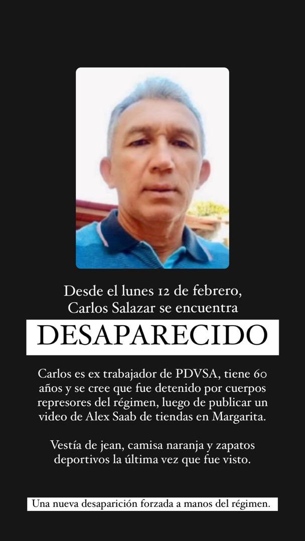 lexysrendon's tweet image. Dónde está Carlos Salazar.
Desde el 12 de febrero esta desaparecido luego que supuestamente un cuerpo de seguridad lo abordara.
Es el señor que tomo fotos en Margarita a Alex Saab.