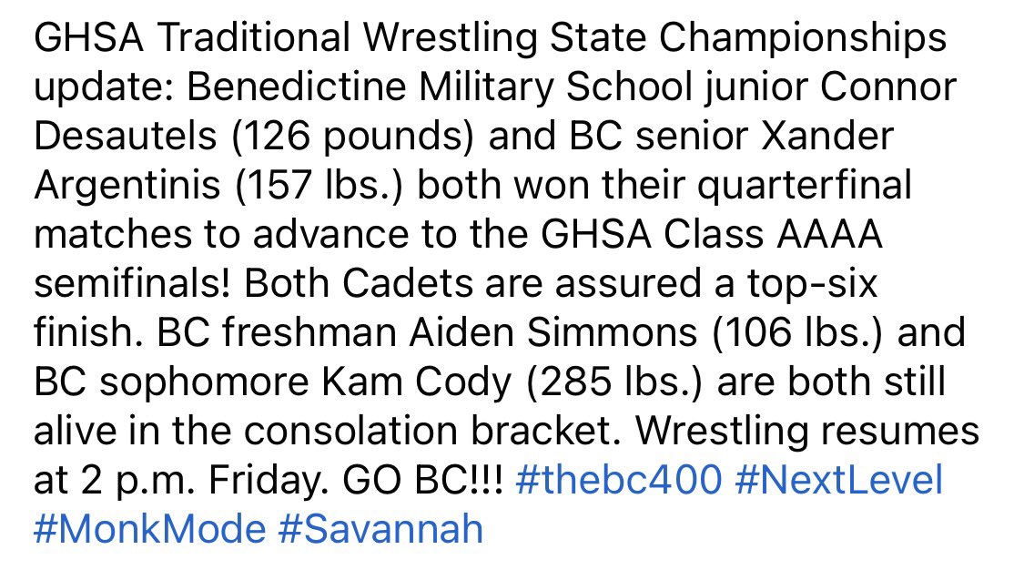 TheBC400's tweet photo. Update from the GHSA Traditional Wrestling State Championships in Macon! BC Cadets are doin’ work! #thebc400 #NextLevelBC #MonkMode #Savannah https://t.co/duJQPqvgBl