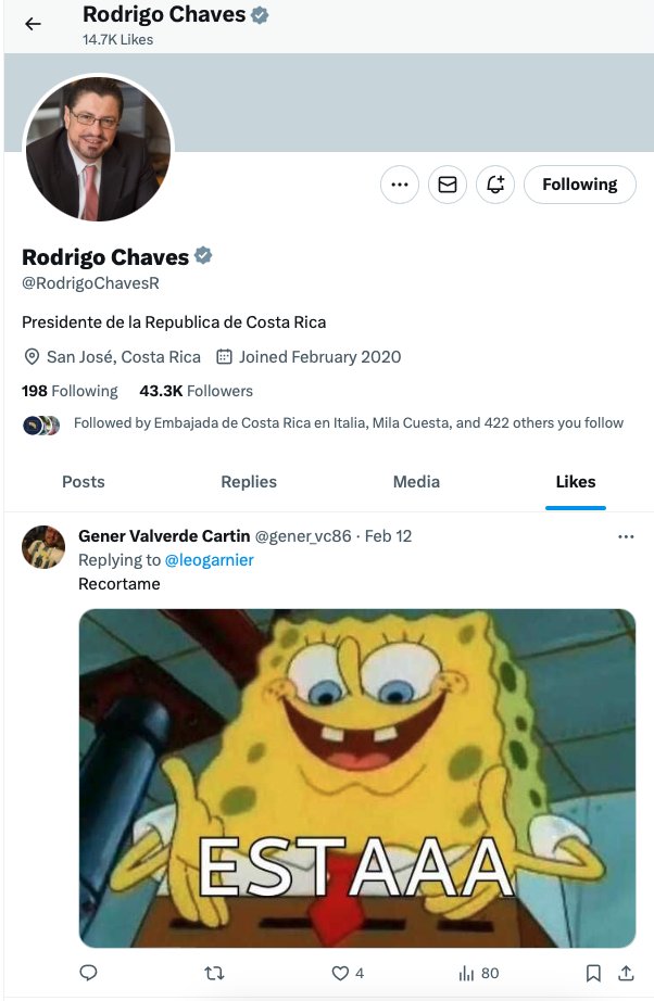 AssLatam's tweet photo. Costa Rican President Rodrigo Chaves liked a photo of Spongebob making an obscene gesture to a Twitter user which criticized the Government's budget cuts.
The OP said "cut me" with the meme saying "this one". https://t.co/nBGC4lbloj