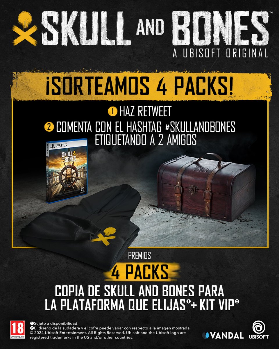 ¡Participa en este sorteo! Gana uno de esos cuatro packs que incluyen una copia de Skull and Bones y un KIT VIP
1. Haz retweet
2. Comenta con el hashtag #skullandbones etiquetando a 2 amigos
3. Hasta las 22:00 horas de hoy 16 de febrero
4. Solo para residentes en España