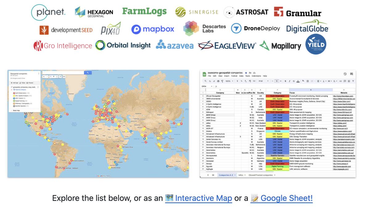 chrieke's tweet photo. The geospatial-companies list got a big update in the last couple days. ~100 added (now at 693), recent additions now have "!" icon , new "Climate" category. 

Super big shoutout to Sam Warwick, a climate &amp; geo recruiter that shared a ton of company names!
https://t.co/KdwQvABYL0 https://t.co/VTNUMJcjZX
