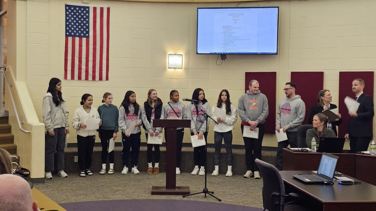 DMSAthletics323's tweet photo. The Dunlap Middle School IESA 8-4A Girls Basketball Team getting well-deserved recognition at the board meeting tonight! #DMSPantherPride https://t.co/GPjy7lf7uh