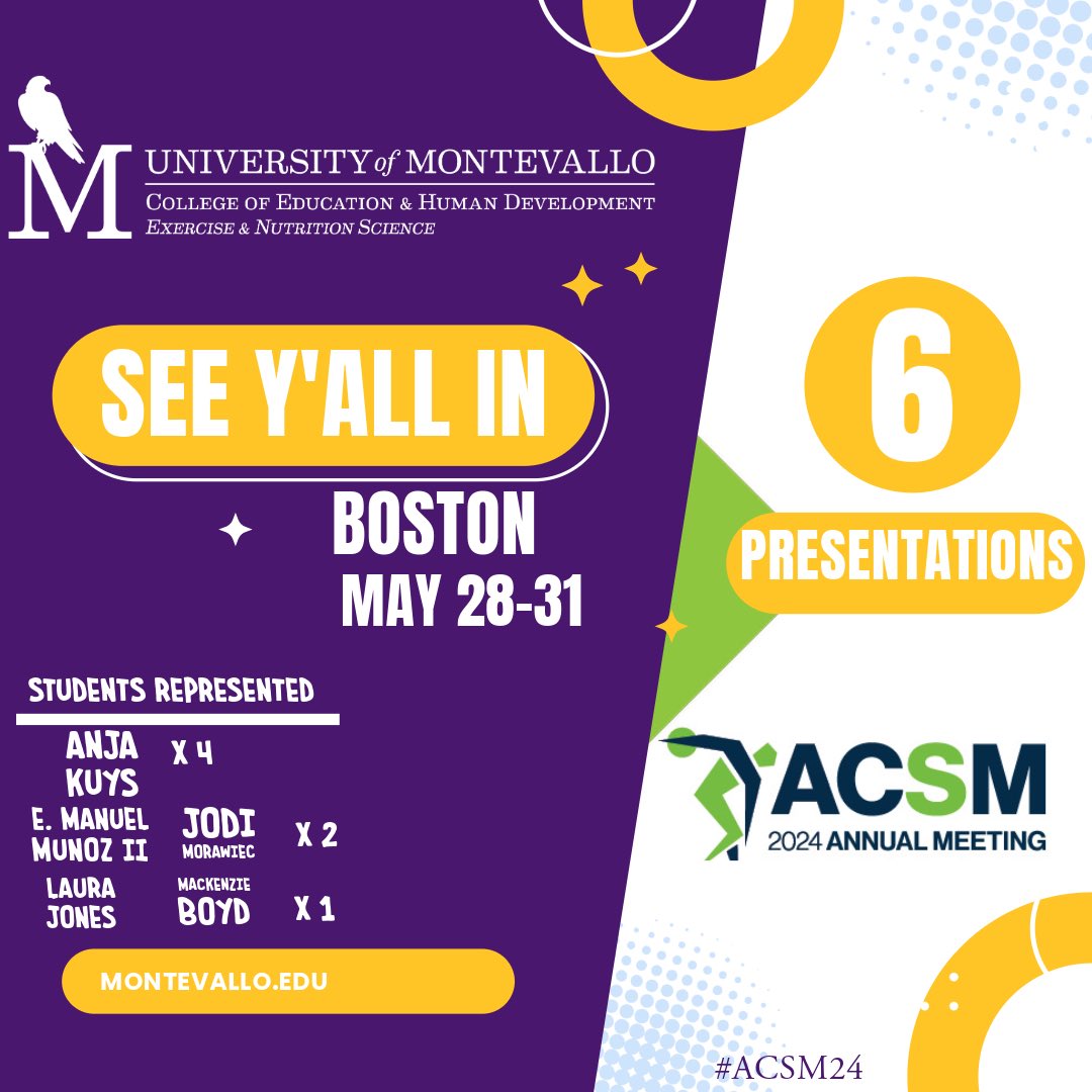 We had 6 abstracts accepted to be presented - all from our #student #research projects - at the @ACSMNews Annual Conference!

We are planning our trip to #Boston!

@Montevallo @MontevalloGRAD 

#ACSM24 #YouBelongAtMontevallo #studentresearch #exphys
