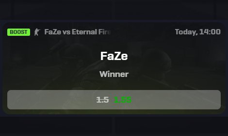 The boys at FaZe face off against Eternal Fire today in search of a win and qualification to the PGL Copenhagen Major! #PGLRMR

We've BOOSTED⏫ the odds for FaZe to win! If they do we'll send $155 to one fan that helps cheer them on in the replies! #FaZeUp