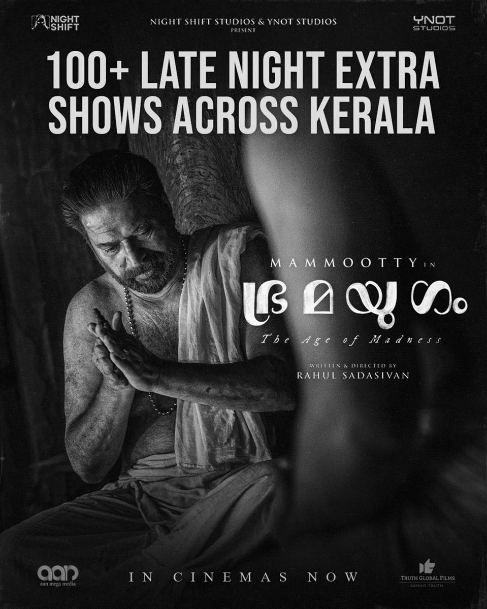 Over 100 late-night shows scheduled for Day 1 of #Bramayugam in Kerala! 🫡

#BramayugamReview #BramayugamFromToday 
|#Bramayugamhindi 

#BramayugamFromFeb15  |#Mammootty |#Mammukka  

#Mammootty𓃵   #AmaldaLiz  

#ArjunAshokan 
#RahulSadasivan 
#BramayugamFromFeb15