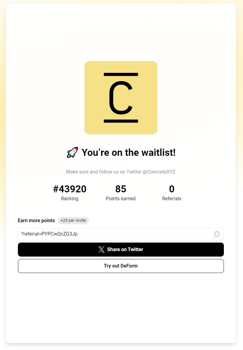 Amazing_Karp's tweet photo. I just joined the @ConcreteXYZ waitlist! 

Use my ref link for Points and Priority Access. 

Powered by @deformapp

referral PYPCwQcZG3Jp https://t.co/WTfXyNZ5Ng