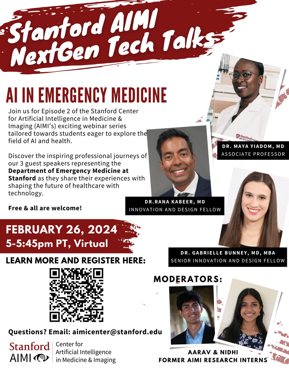 🌟 Dive into AI & Emergency Medicine at AIMI NextGen Tech Talk Series Ep. 2! 🌟 Feb 26, 5-5:45pm PT. Free webinar featuring Drs. Maya Yiadom, Gabrielle Bunney, & Rana Ahmad. Open to all, especially high school students. RSVP: stanford.io/3QlzRuM #AIMINextGen #AIinMedicine