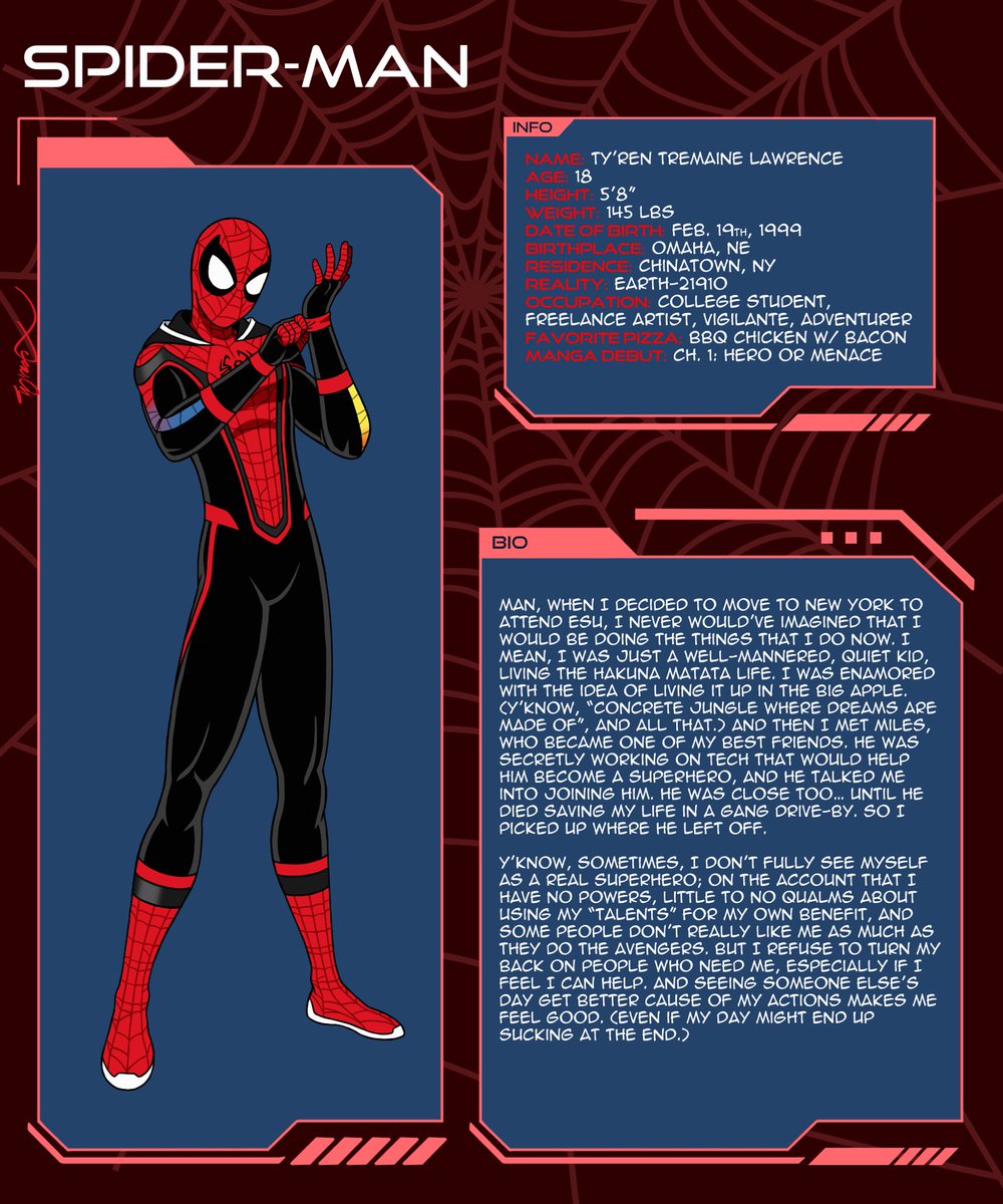 Tyren_X's tweet photo. #Spidersona character bio.
(Repost cause the original render was low-key bothering me.)
#SpiderMan #SpiderManTL https://t.co/GRc99OSISm