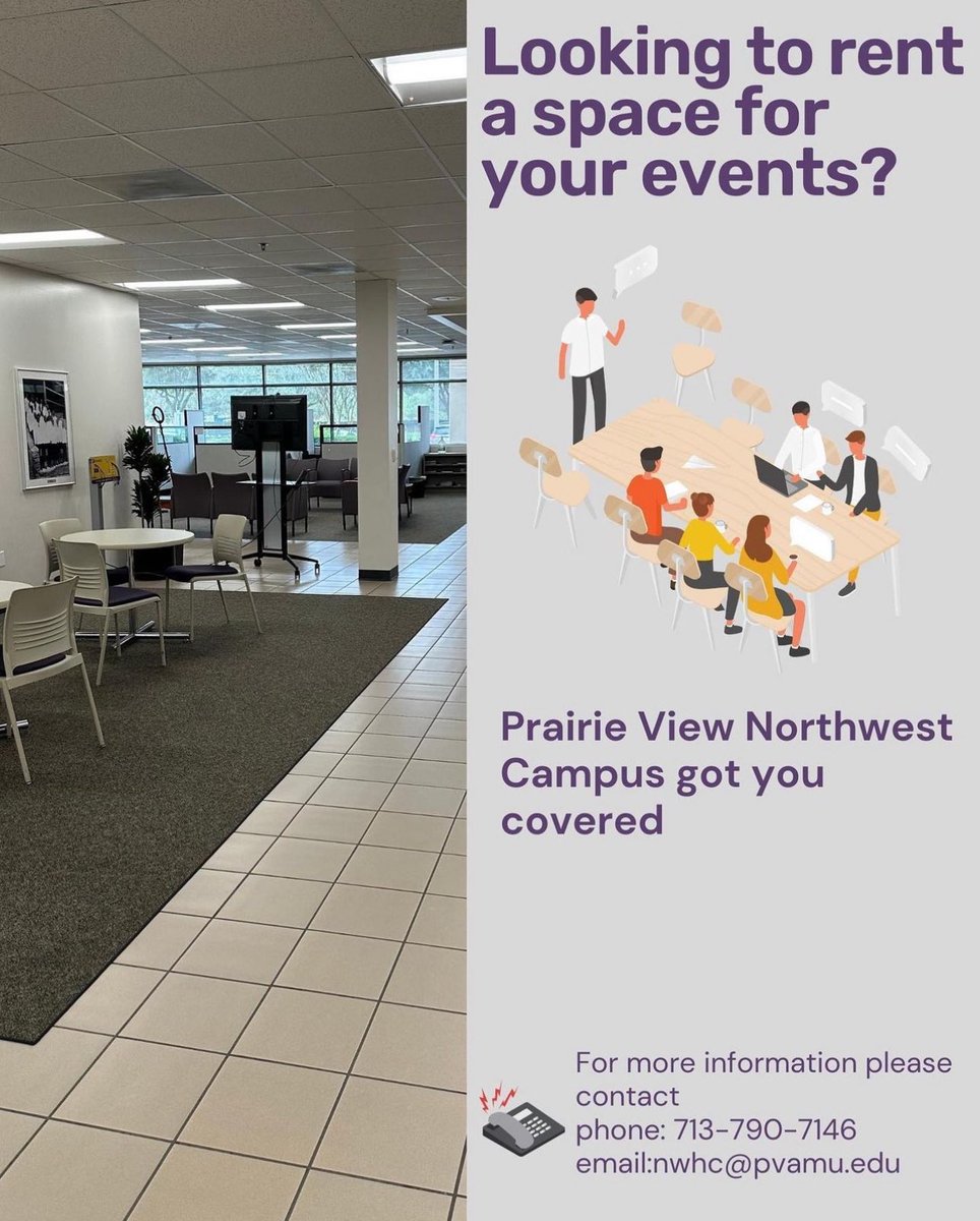 PVAMUNWHC's tweet photo. 🚨🚨 Are you or someone you know looking for space to host meetings and/events? Come check out rental spaces here at the Northwest Houston Center. We got you covered! 
#pvamu #rentalspace #community #northwesthouston #share https://t.co/6lNc7YnyC4