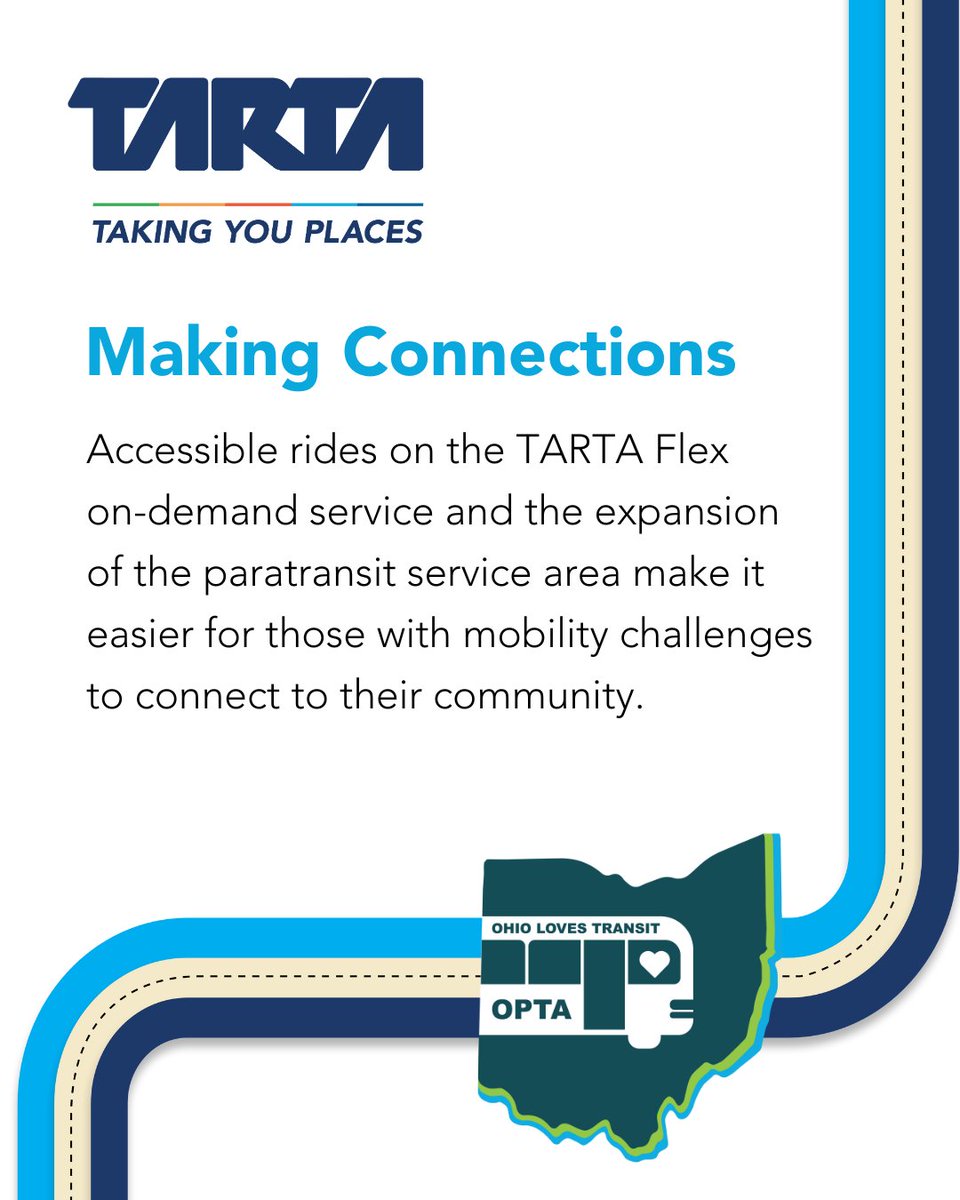 TARTA_Toledo's tweet photo. During this #OhioLovesTransitWeek we're highlighting TARTA's newest service TARTA Flex, & the expanded Flex & paratransit service area. Take Flex to the surrounding suburbs & get connected to the ppl & places that matter most! #TakingYouPlaces #TARTAFlex https://t.co/GznJtbXBgi https://t.co/VpdhZ4qDPb