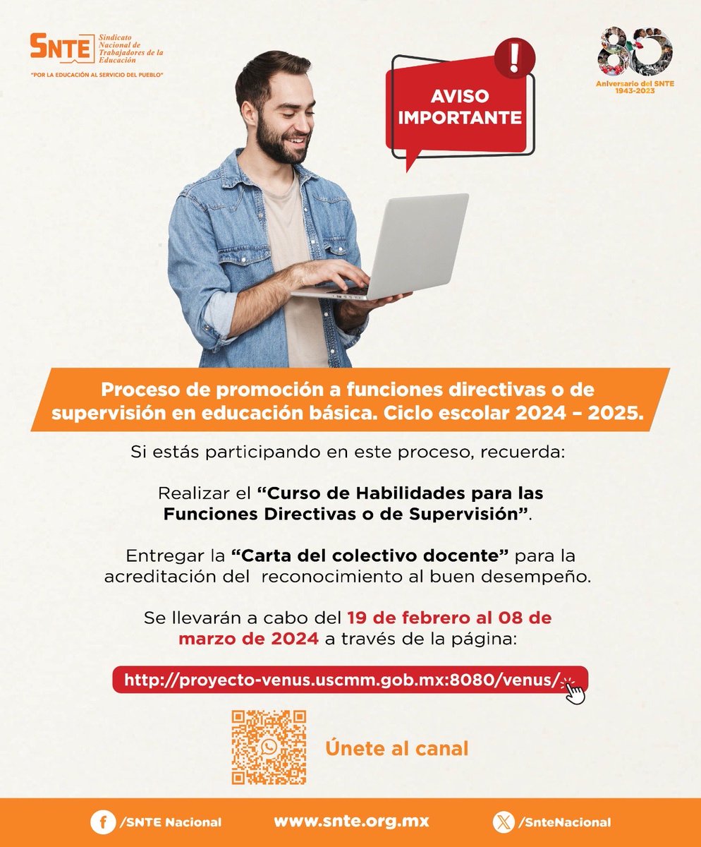 IvanDesdeCDMX's tweet photo. #80AniversarioSNTE

Si participas en Promoción a Funciones Directivas o Supervisión en Educación Básica 2024-2025, esto te interesa 👉Del #19deFebrero al #8deMarzo será el Curso de Habilidades, y entrega de Carta del colectivo docente 👩‍🏫👨‍🏫

Ingresa aquí👇
https://t.co/QK2Ryjp8Hx https://t.co/JTbUkhOld1