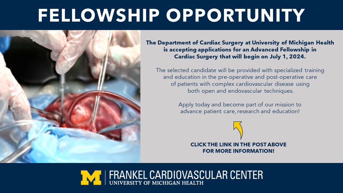 Come join our team as an Advanced Fellow in Cardiac Surgery! As a fellow, you will have the opportunity to work alongside leading experts and enhance your surgical skills in a dynamic and supportive environment. @UMichCTSurgery @umichCVC @umichmedicine careers.umich.edu/job_detail/243…