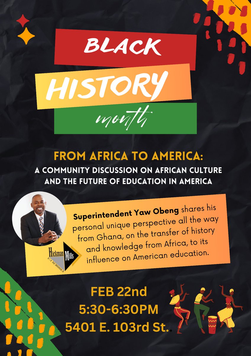 HMC1Proud's tweet photo. Join us for a special #BlackHistoryMonth Community Discussion with Supt @YawObengKC  on 2/22 at 5:30 pm at the HMC1 Board of Education. Supt. Obeng will offer his unique insights, stemming from his personal experiences in Ghana, and more.💛 Learn more: https://t.co/YgDl6XZQ7D https://t.co/JAAXDCCxAW