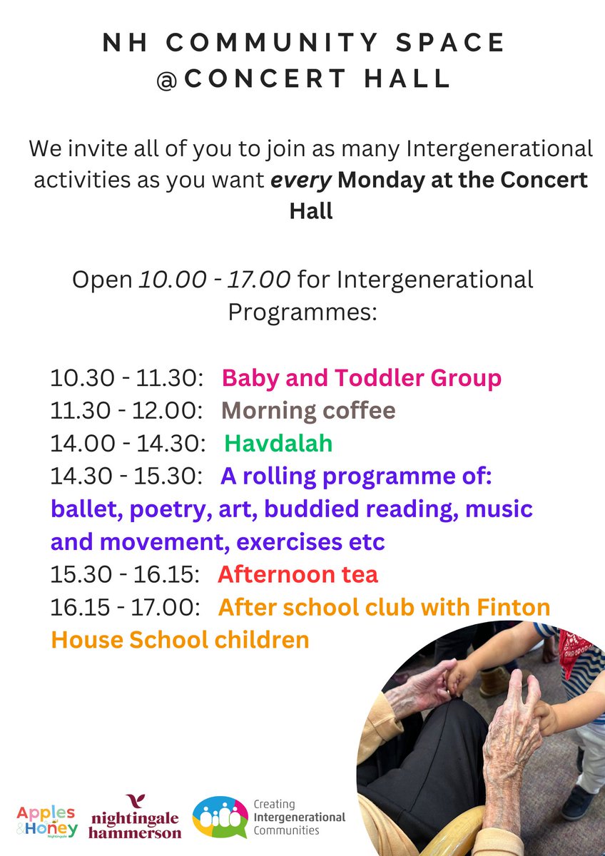 Exciting News! Join us every Monday at NH Community Space @ Concert Hall for intergenerational activities! From Baby and Toddler Group to After School Club with Finton House School children, there's something for everyone! #Intergenerational #CommunityEngagement #CIC