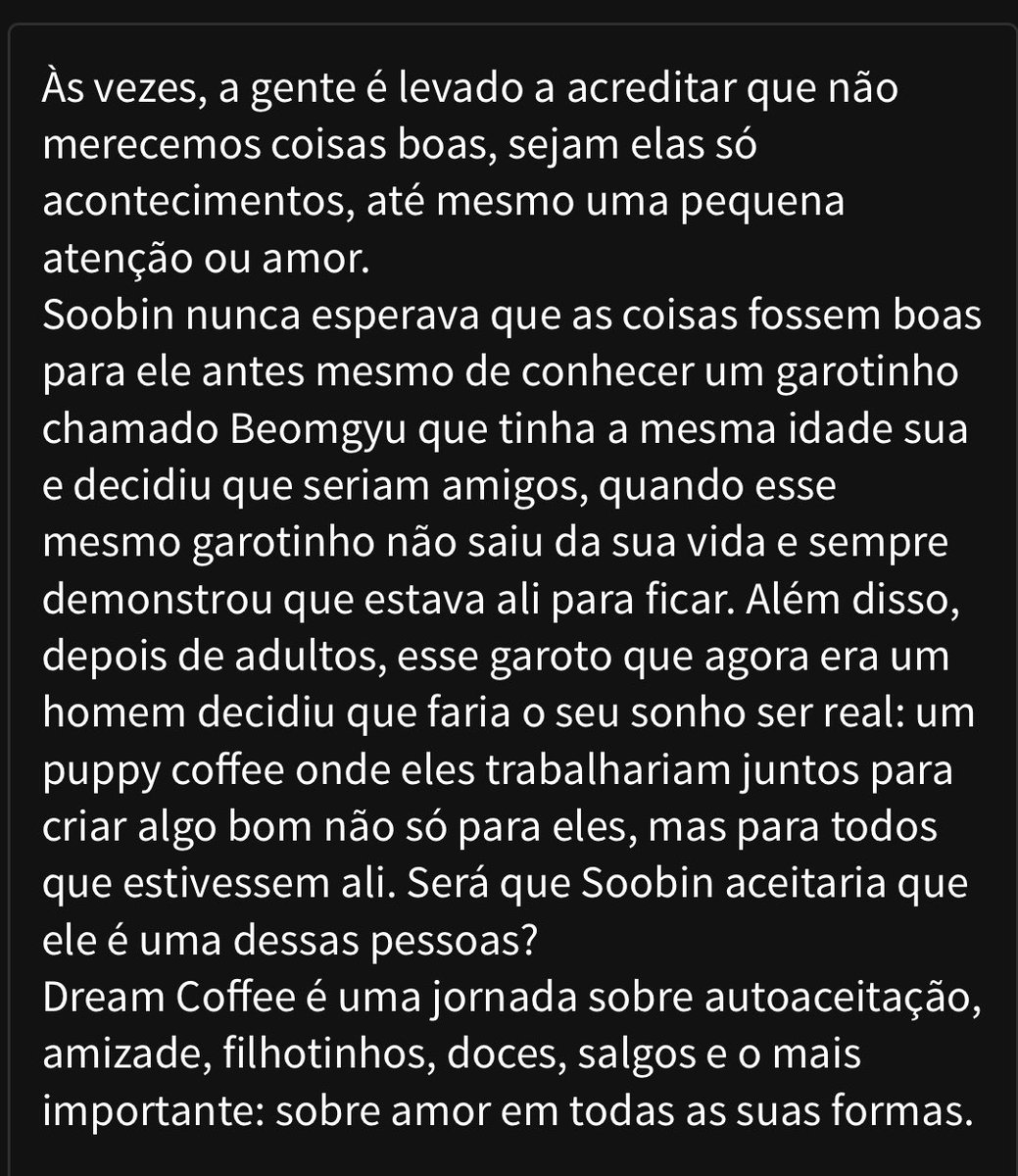 yeonjunblue's tweet photo. Dream Coffee • Soogyu fanfic

“Dream Coffee é uma jornada sobre autoaceitação, amizade, filhotinhos, doces, salgos e o mais importante: sobre amor em todas as suas formas.” 

disponível no ao3: https://t.co/krdZONWKqs

wattpad: https://t.co/hnr5PYQXFC https://t.co/wCAdvodbIT