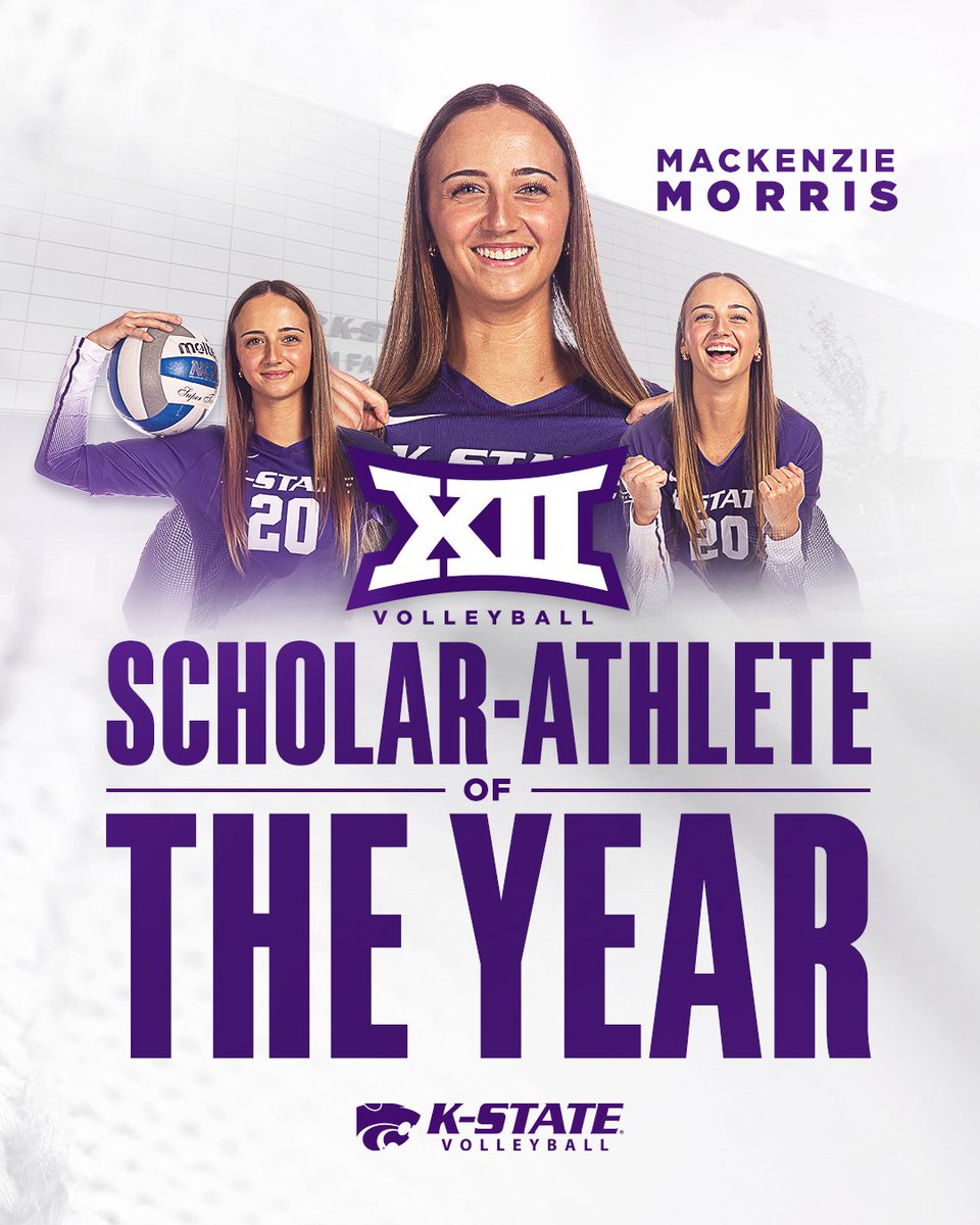 KStateVB's tweet photo. Back-to-back ✔️ 
History made✔️ 

@mackenzmorris22 becomes the first Big 12 volleyball player to earn the Big 12 Volleyball Scholar-Athlete of the Year Award 𝐓𝐖𝐈𝐂𝐄‼️ 

#KStateVB x @Big12Conference https://t.co/WFgZT3JTjc