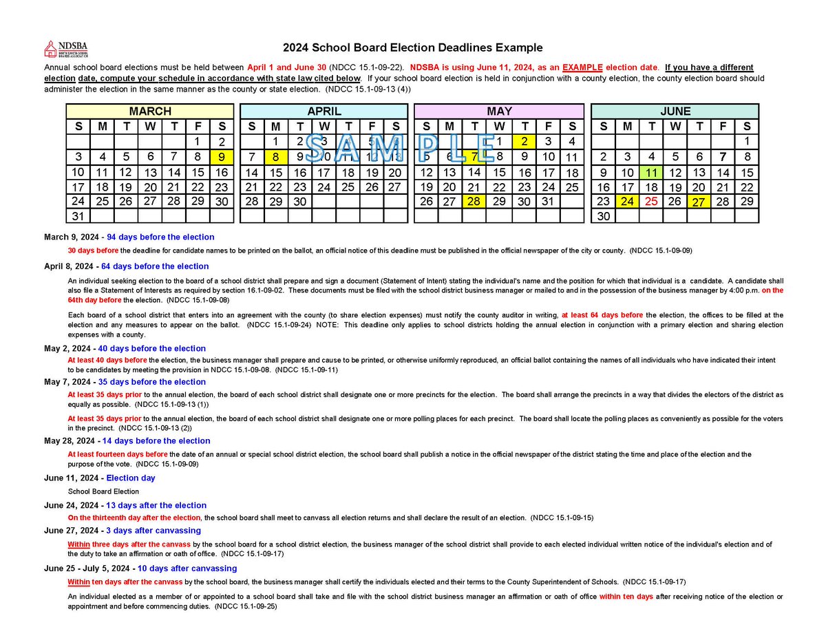 Has your district set election dates yet? ND election laws are specific regarding dates and deadlines and can be found in NDCC 15.1-09. Election deadline information and a sample calendar were included in the January Bulletin and are posted on NDSBA’s website under QUICK CLICKS