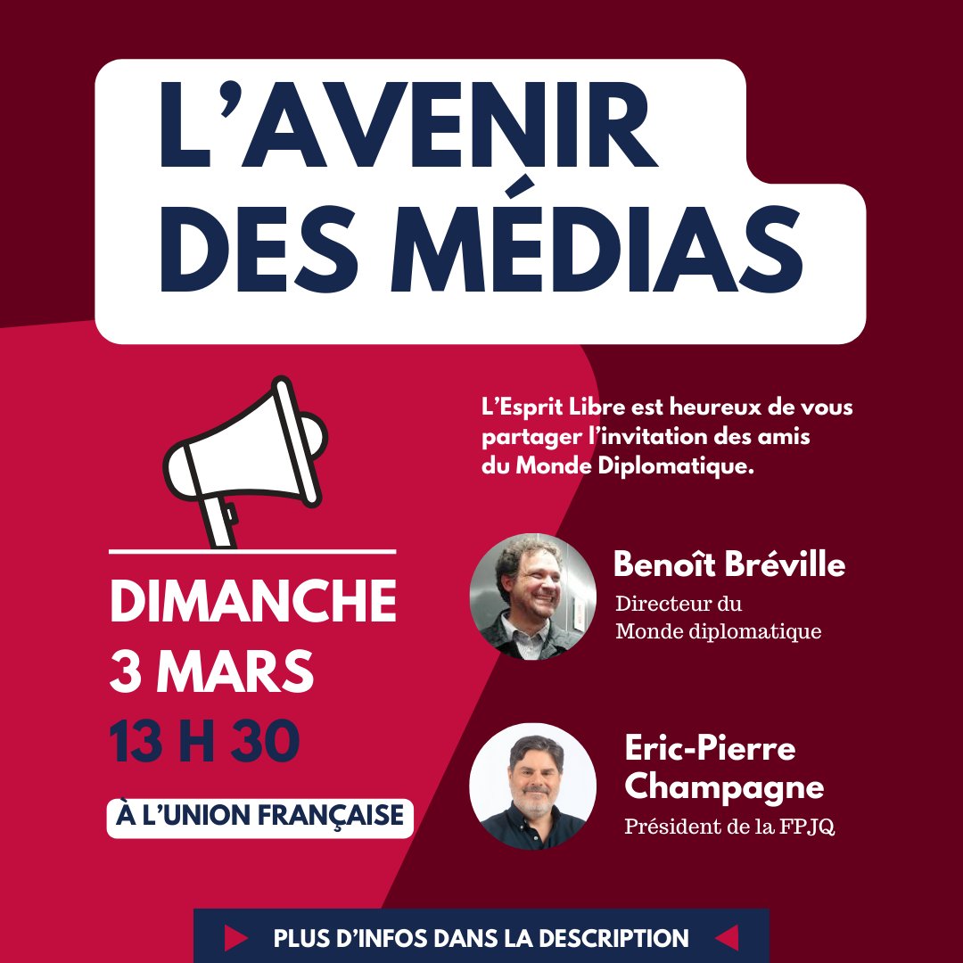 📅Dimanche 3 mars à 13h30 
📌429 rue Viger Est 
🤝 Les Amis du Monde diplomatique vous invite chaleureusement au lancement officiel des Amis au Québec.
amis.monde-diplomatique.fr/L-avenir-des-m…

@EricpierreChampagne  <a href="/PatrickWhite/">Patrick White</a> <a href="/FPJQ/">FPJQ</a> @ChancoCj <a href="/amisdiplo/">Les Amis du Monde diplomatique</a> <a href="/UFdeMTL/">Union Française de Montréal</a>