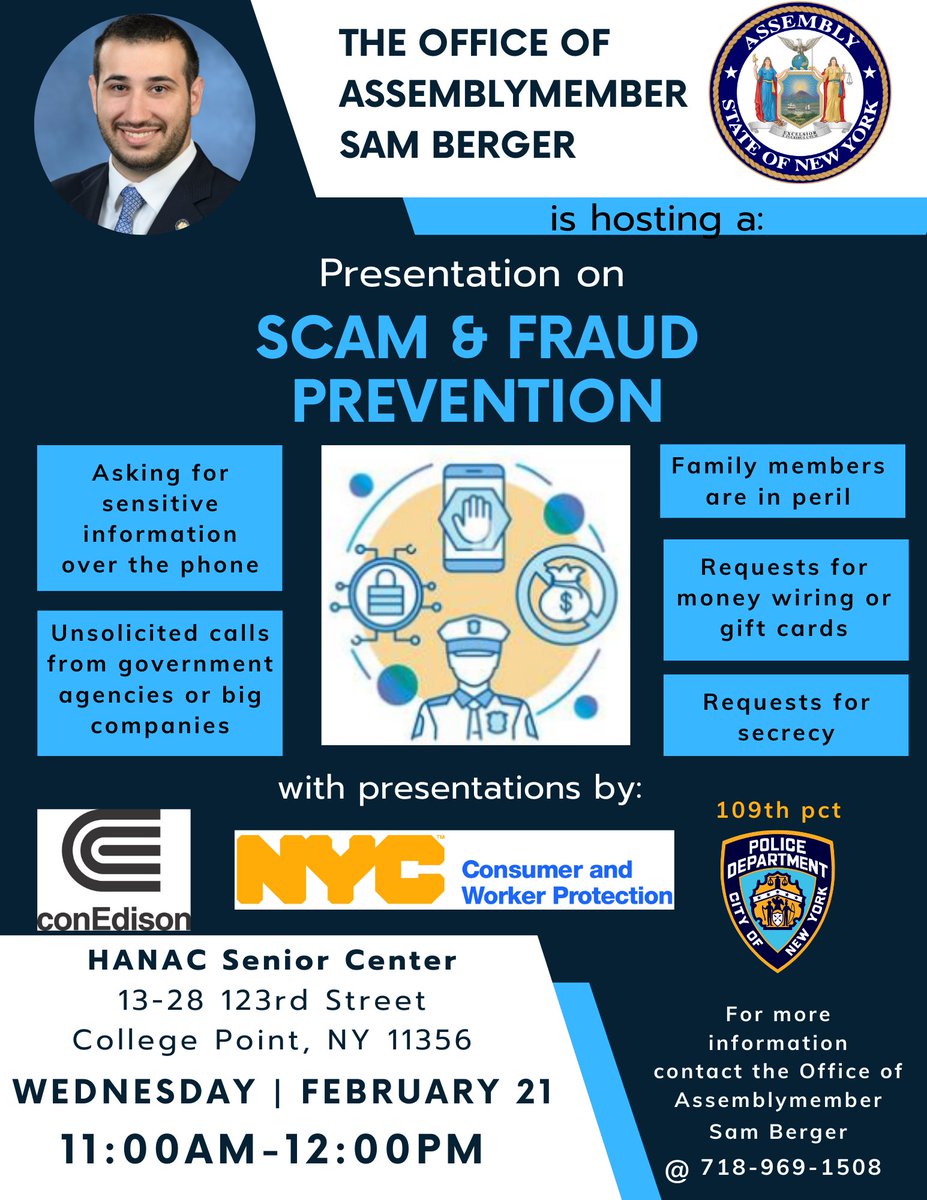 SamBergerNY's tweet photo. REMINDER: Please take advantage of our upcoming Scam &amp; Fraud Prevention Seminar this Wednesday. https://t.co/e761KOUXMD