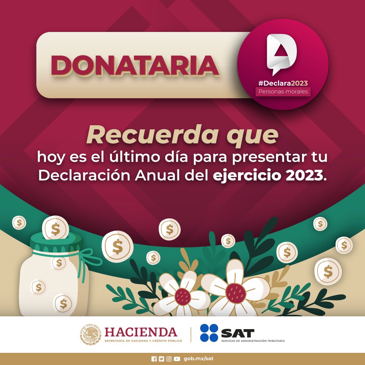 Si tienes una organización civil o un fideicomiso autorizado para recibir donativos deducibles de ISR, recuerda que hoy es la fecha límite para presentar tu declaración anual. 

#Declara2023 aquí: sat.gob.mx/empresas/sin-f…