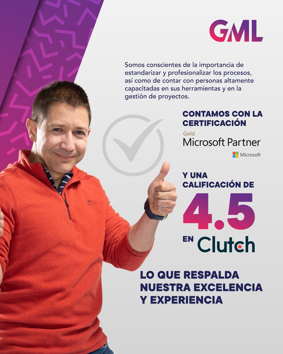 Contamos con personal altamente capacitado en la estandarización y profesionalización de procesos 🚀

La certificación Microsoft Partner y una calificación de 4.5 en Clutch respaldan nuestra excelencia y experiencia en la gestión de proyectos 👨‍💼📊🏆

#GML #DesarrolloDeSoftware