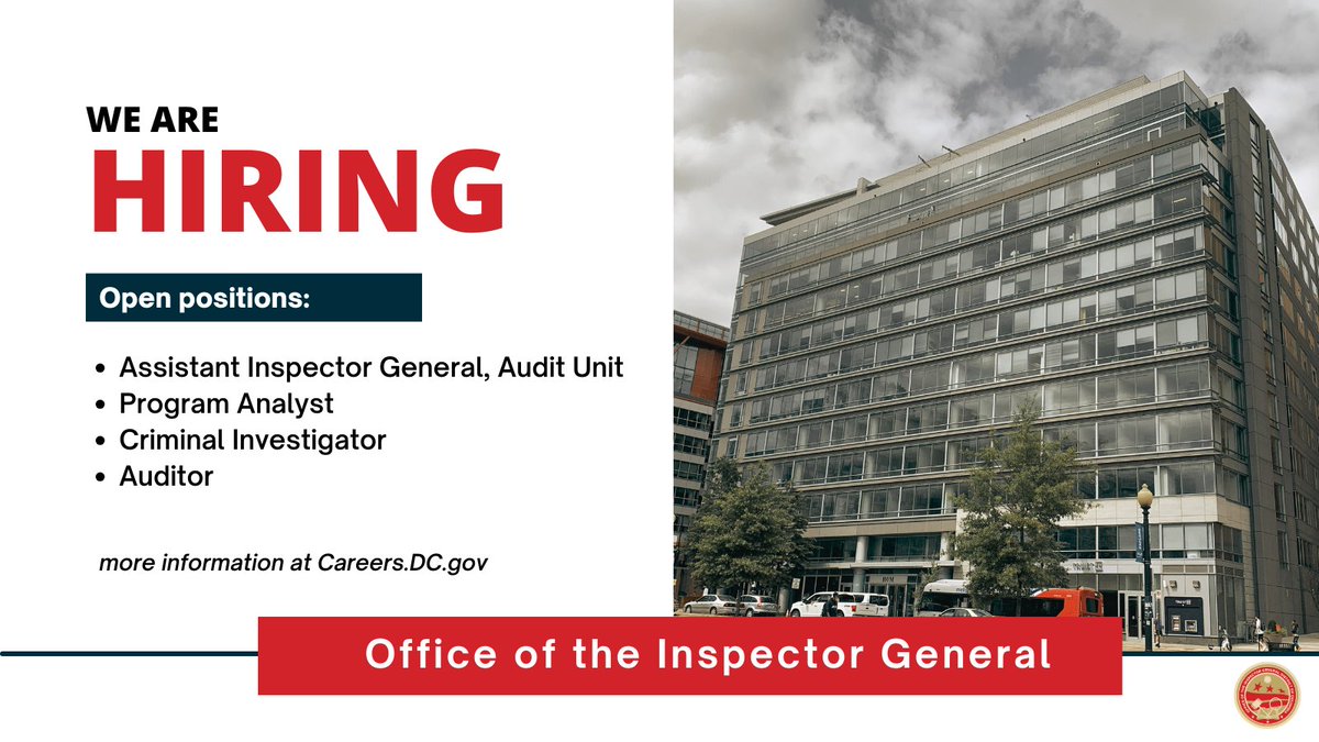 Join the Office of the Inspector General! Look at the opportunities available within OIG at oig.dc.gov/about-oig/care…, and follow this thread for more information on the open positions and direct links to apply.