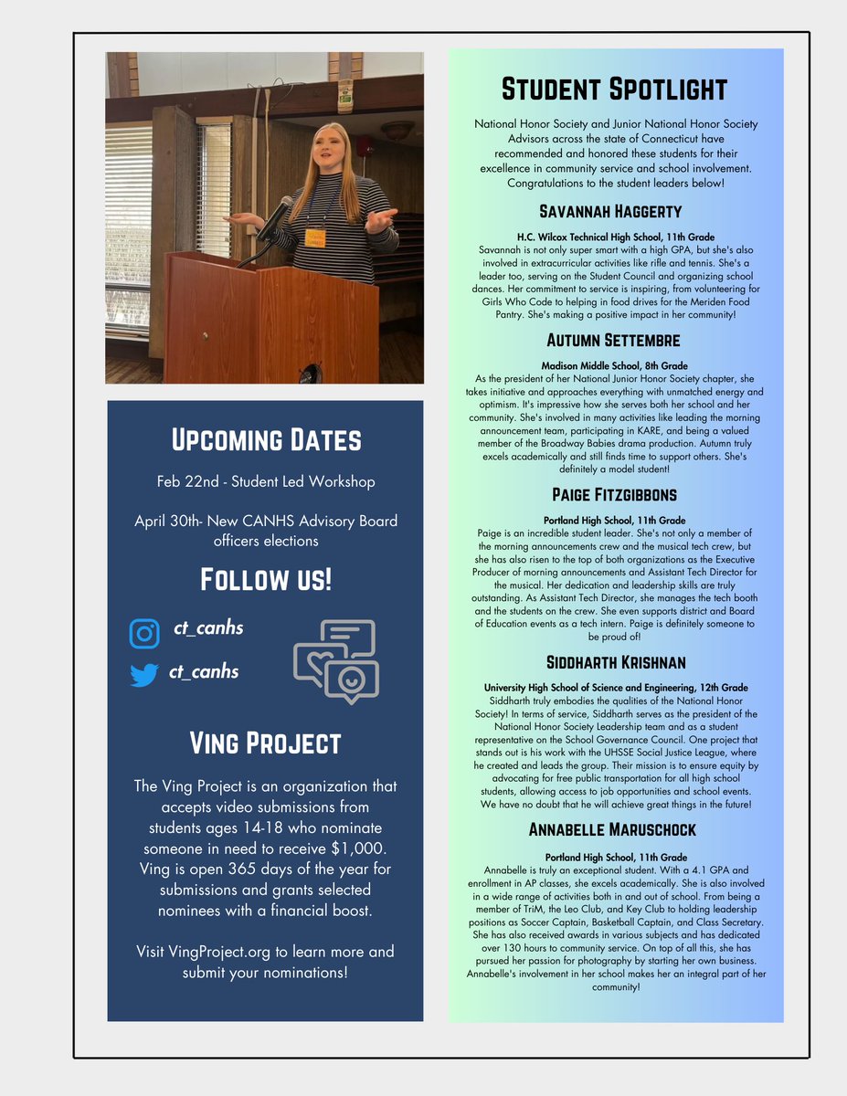 Our newsletter is officially out! 📰

The CANHS Advisory Board has worked hard these past few months on curating our first newsletter!

Connecticut NHS/NJHS advisors, check your email for a printer-friendly PDF to share with your school chapters 😊

#studentleaders #canhs