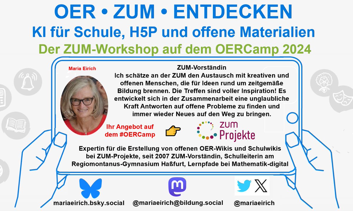 Hallo #Twlz, in gut 3 Wochen findet das #OERCamp in Hamburg statt. Das <a href="/ZUMTeam/">ZUM-Team</a> unterstützt mit einem 4-Stunden-Workshop: #KI für Schule, #H5P und offene Materialien!
Hier stellen wir unsere Expertin Maria Eirich vor @mariaeirich von #ZUMProjekte #Wiki #OER #OERde #moodle