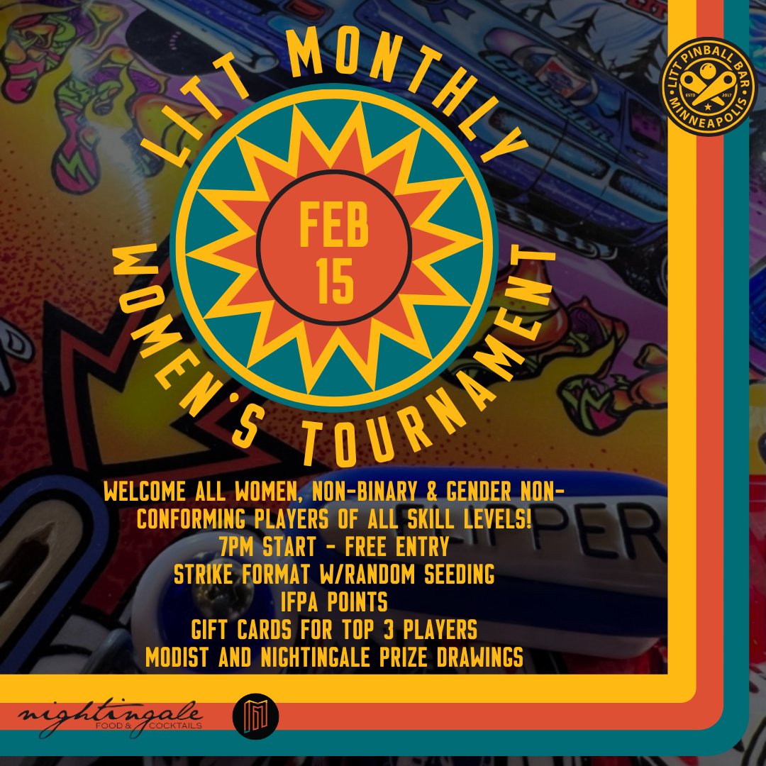 It's go time! Our monthly women's tournament is TONIGHT starting at 7pm (Signup begins at 6:30)

#pinball #littpinballbar #LITT #littpinball #bellesandchimes #bellesandchimesmn #uptown