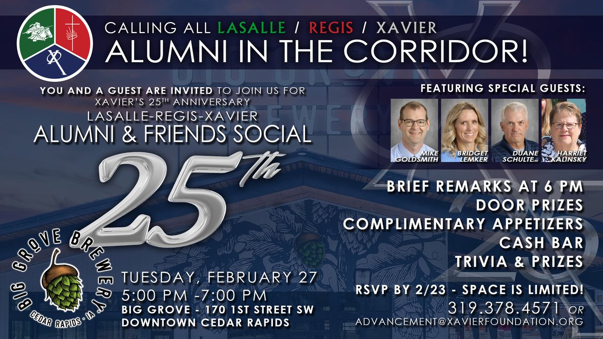 XavierSaints's tweet photo. LaSalle/Regis/Xavier Alumni &amp; Friends! Join us on Tuesday, Feb. 27 at @BigGroveBrewery CR for our Alumni &amp; Friends Social, featuring some familiar special guests, door prizes, free apps, trivia, and more! RSVP by 2/23 - space is limited. Learn more: https://t.co/JMtAUD1FY5 https://t.co/0tsG1vVX0C