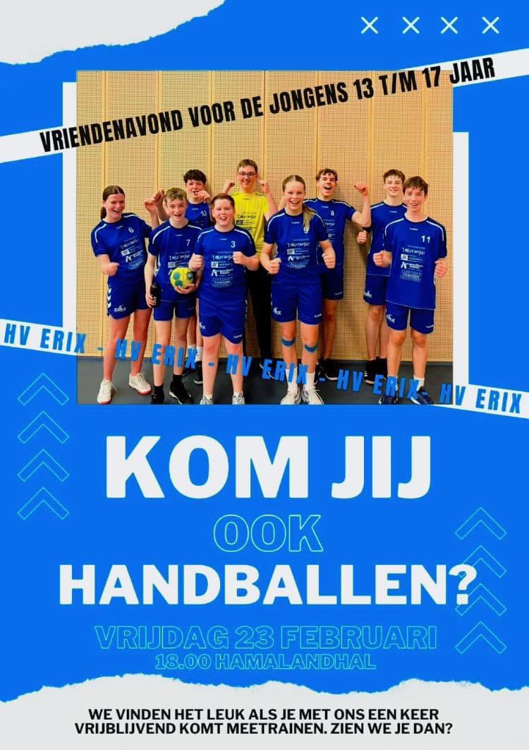 ErixHandbal's tweet photo. Jongens van 13-17 jaar zijn van harte welkom voor een potje handbal op vrijdag 23/2 a.s. in de Hanalandhal! https://t.co/fwGNQzB8Qx