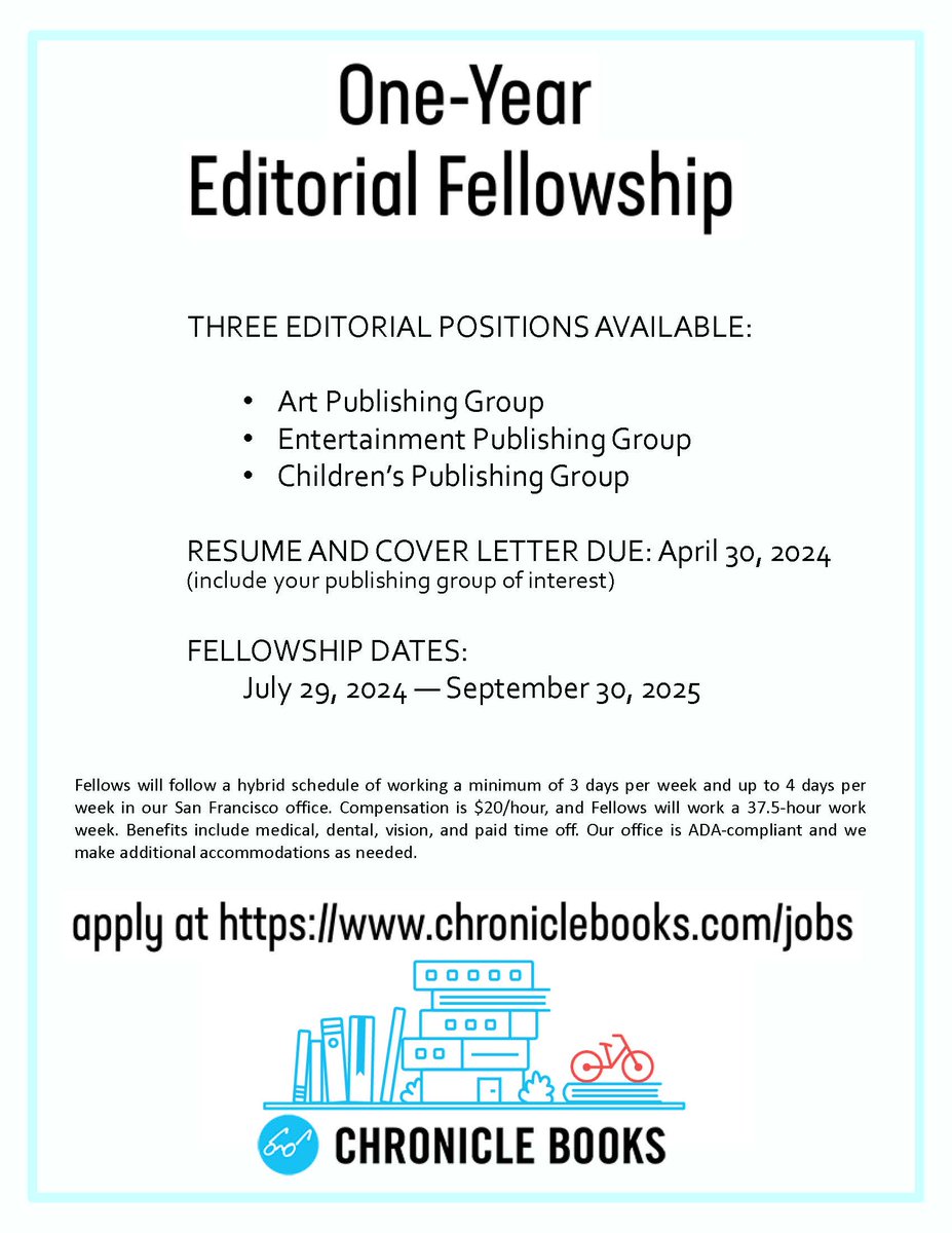 We're searching for our next Children's Editorial Fellow! Come work with me and @dariarose at @ChronicleKids @ChronicleBooks making artful and impactful books! If you love kidlit, apply by 4/30/24. @ChronBooksJobs @diversebooks @PocPub @LatinxinPub